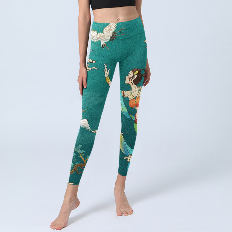 Buddha Stones Leggings de yoga para mujer con estampado de grullas de hadas, nubes y pinos - image 5