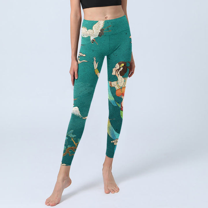 Buddha Stones Leggings de yoga para mujer con estampado de grullas de hadas, nubes y pinos - image 5