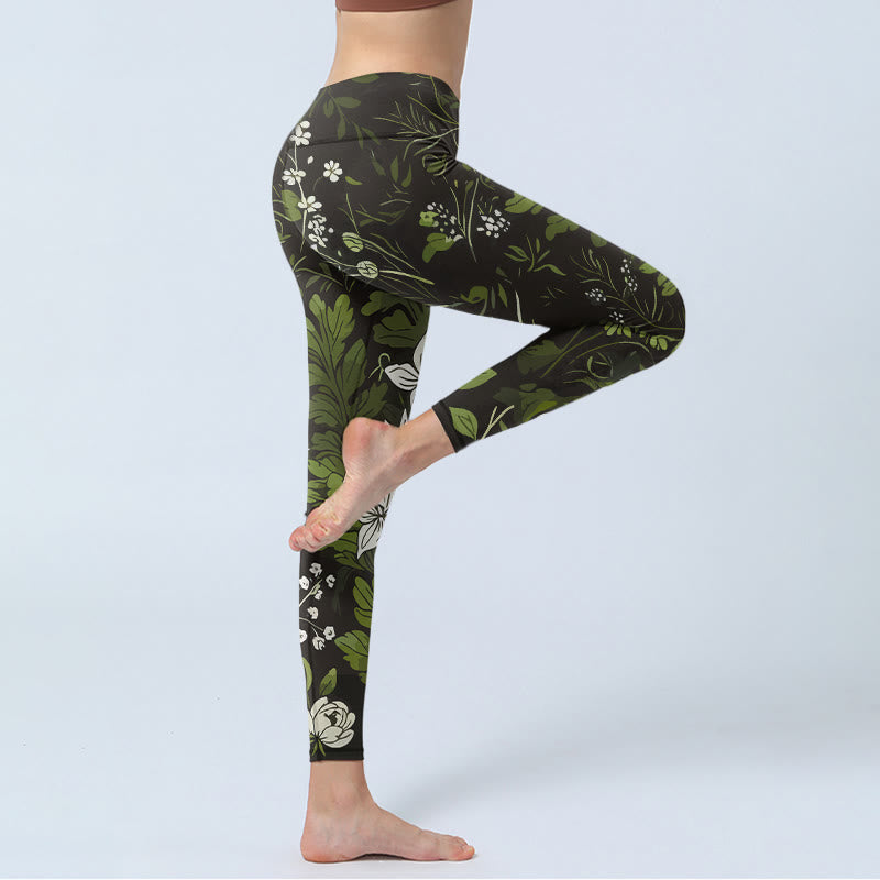 Buddha Stones Leggings de yoga para mujer con estampado retro de flores y hojas - image 3