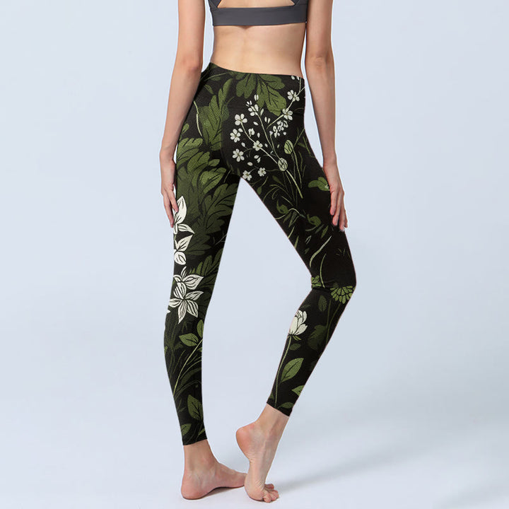Buddha Stones Leggings de yoga para mujer con estampado retro de flores y hojas - image 4
