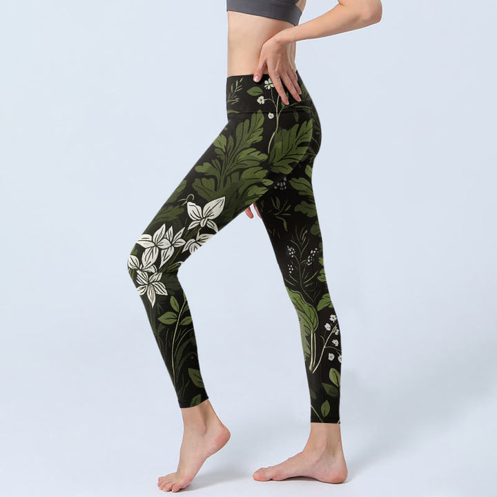 Buddha Stones Leggings de yoga para mujer con estampado retro de flores y hojas - image 2