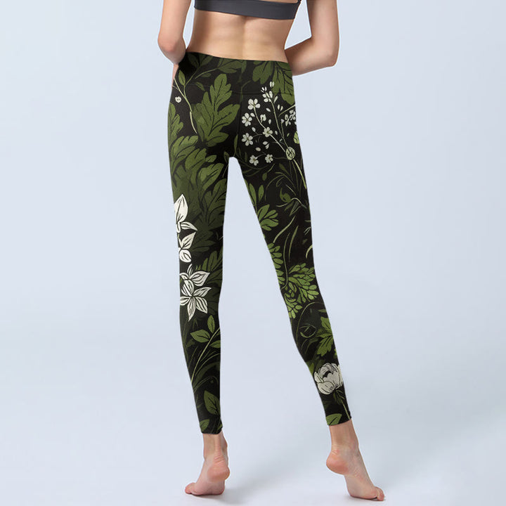 Buddha Stones Leggings de yoga para mujer con estampado retro de flores y hojas - image 6