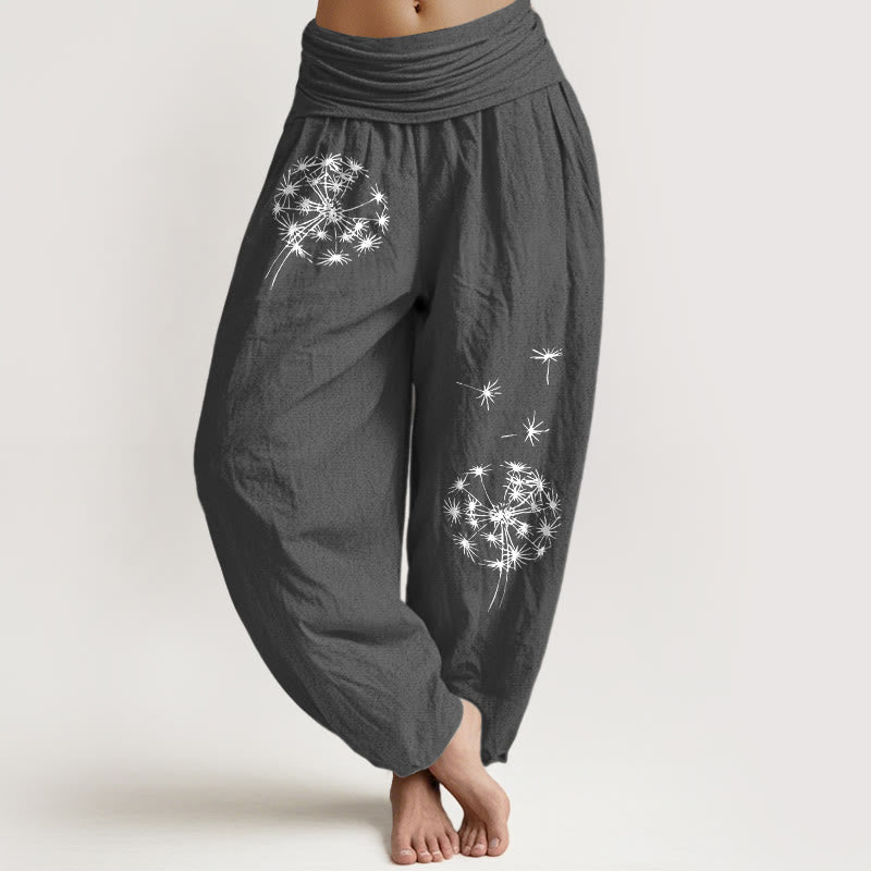 Buddha Stones Pantalones harén de algodón puro con estampado de diente de león para mujer, cintura elástica - Gris oscuro - US16，UK/AU20，EU48 (3XL) - image 0