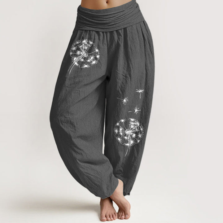 Buddha Stones Pantalones harén de algodón puro con estampado de diente de león para mujer, cintura elástica - Gris oscuro - US16，UK/AU20，EU48 (3XL) - image 0