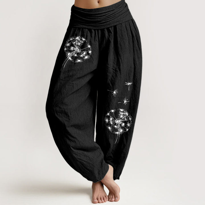 Buddha Stones Pantalones harén de algodón puro con estampado de diente de león para mujer, cintura elástica - Negro - US16，UK/AU20，EU48 (3XL) - image 5