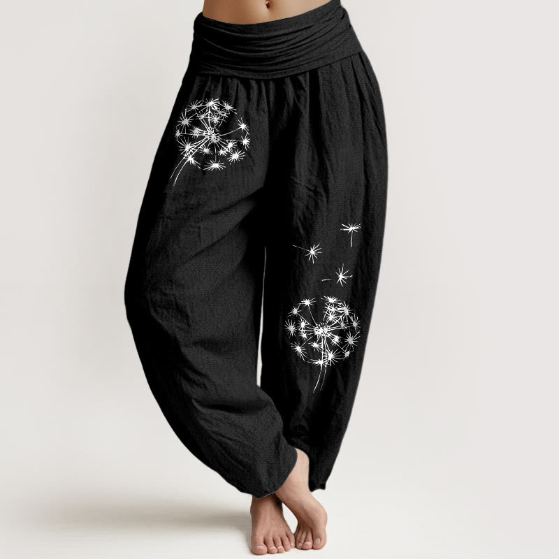 Buddha Stones Pantalones harén de algodón puro con estampado de diente de león para mujer, cintura elástica - Negro - US16，UK/AU20，EU48 (3XL) - image 5