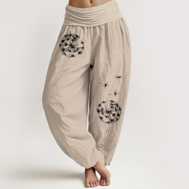 Buddha Stones Pantalones harén de algodón puro con estampado de diente de león para mujer, cintura elástica - Broncearse - US16，UK/AU20，EU48 (3XL) - image 11