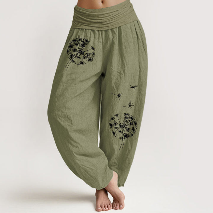 Buddha Stones Pantalones harén de algodón puro con estampado de diente de león para mujer, cintura elástica - Verde oliva - US16，UK/AU20，EU48 (3XL) - image 14