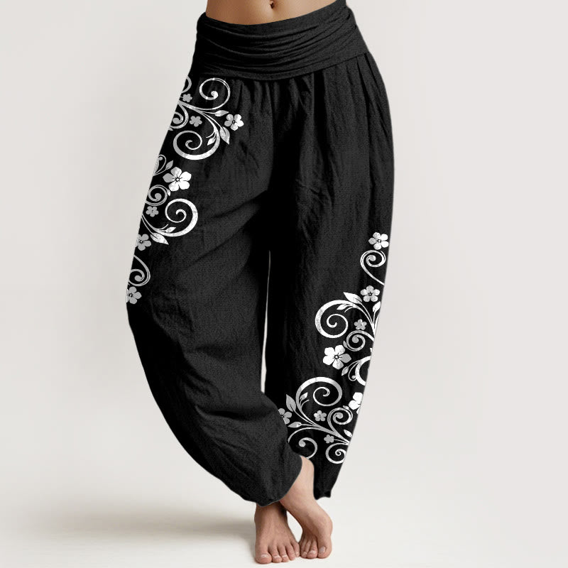 Buddha Stones Pantalones harén de algodón puro con cintura elástica y estampado floral para mujer - Negro - US16，UK/AU20，EU48 (3XL) - image 0
