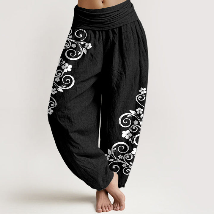 Buddha Stones Pantalones harén de algodón puro con cintura elástica y estampado floral para mujer - Negro - US16，UK/AU20，EU48 (3XL) - image 0
