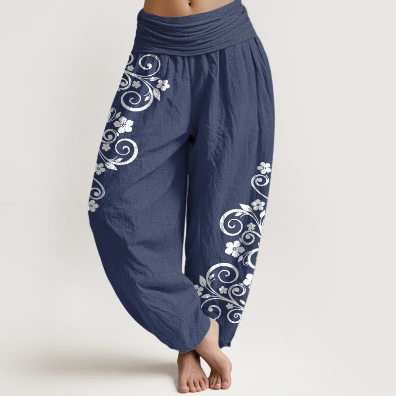 Buddha Stones Pantalones harén de algodón puro con cintura elástica y estampado floral para mujer - Azul pizarra oscuro - US16，UK/AU20，EU48 (3XL) - image 5