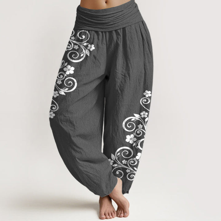 Buddha Stones Pantalones harén de algodón puro con cintura elástica y estampado floral para mujer - Gris oscuro - US16，UK/AU20，EU48 (3XL) - image 8