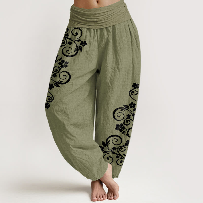 Buddha Stones Pantalones harén de algodón puro con cintura elástica y estampado floral para mujer - Verde oliva - US16，UK/AU20，EU48 (3XL) - image 14
