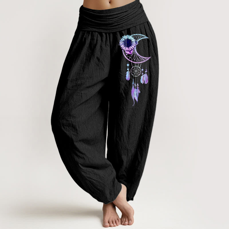 Buddha Stones Pantalones harén de algodón puro con estampado de plumas y flores de luna para mujer, cintura elástica - Negro - US16，UK/AU20，EU48 (3XL) - image 0