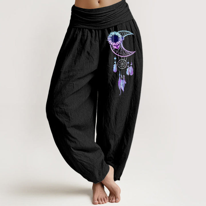 Buddha Stones Pantalones harén de algodón puro con estampado de plumas y flores de luna para mujer, cintura elástica - Negro - US16，UK/AU20，EU48 (3XL) - image 0