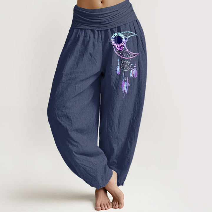 Buddha Stones Pantalones harén de algodón puro con estampado de plumas y flores de luna para mujer, cintura elástica - Azul pizarra oscuro - US16，UK/AU20，EU48 (3XL) - image 5