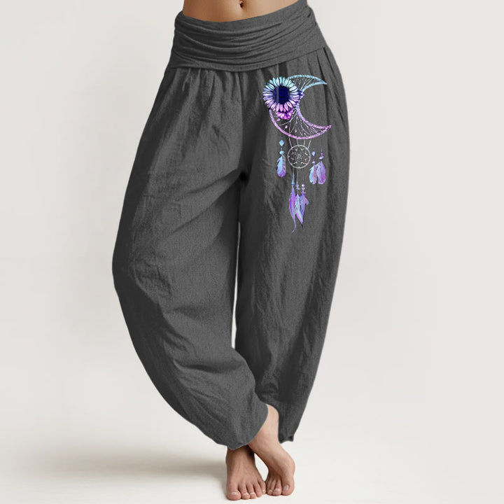 Buddha Stones Pantalones harén de algodón puro con estampado de plumas y flores de luna para mujer, cintura elástica - Gris oscuro - US16，UK/AU20，EU48 (3XL) - image 8