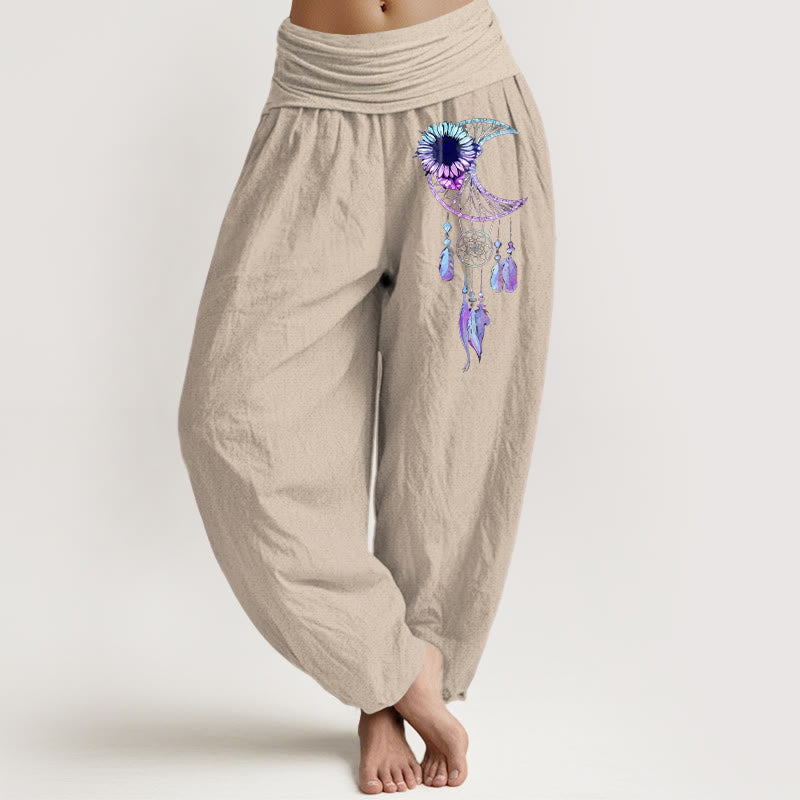 Buddha Stones Pantalones harén de algodón puro con estampado de plumas y flores de luna para mujer, cintura elástica - Broncearse - US16，UK/AU20，EU48 (3XL) - image 11