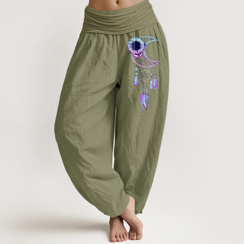 Buddha Stones Pantalones harén de algodón puro con estampado de plumas y flores de luna para mujer, cintura elástica - Verde oliva - US16，UK/AU20，EU48 (3XL) - image 14