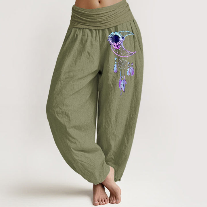 Buddha Stones Pantalones harén de algodón puro con estampado de plumas y flores de luna para mujer, cintura elástica - Verde oliva - US16，UK/AU20，EU48 (3XL) - image 14