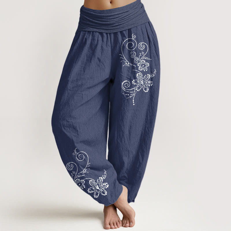 Buddha Stones Pantalones harén de algodón puro con estampado de flores de vid y cintura elástica para mujer - Azul pizarra oscuro - US16，UK/AU20，EU48 (3XL) - image 0