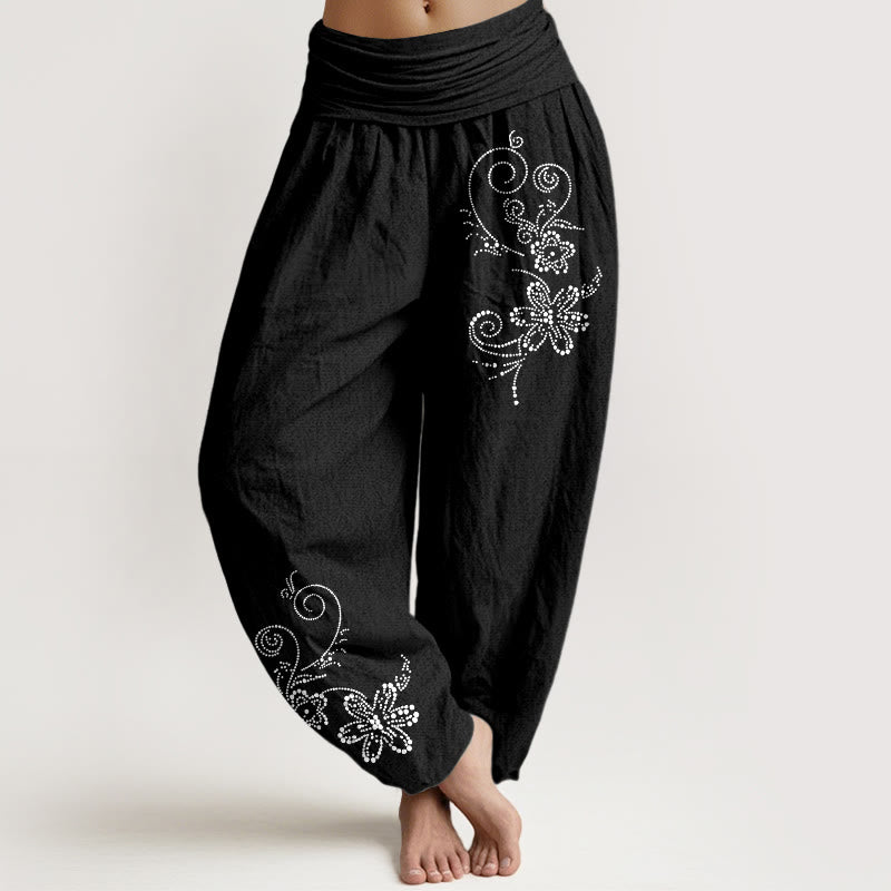 Buddha Stones Pantalones harén de algodón puro con estampado de flores de vid y cintura elástica para mujer - Negro - US16，UK/AU20，EU48 (3XL) - image 5