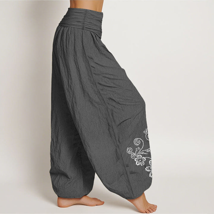 Buddha Stones Pantalones harén de algodón puro con estampado de flores de vid y cintura elástica para mujer - image 10