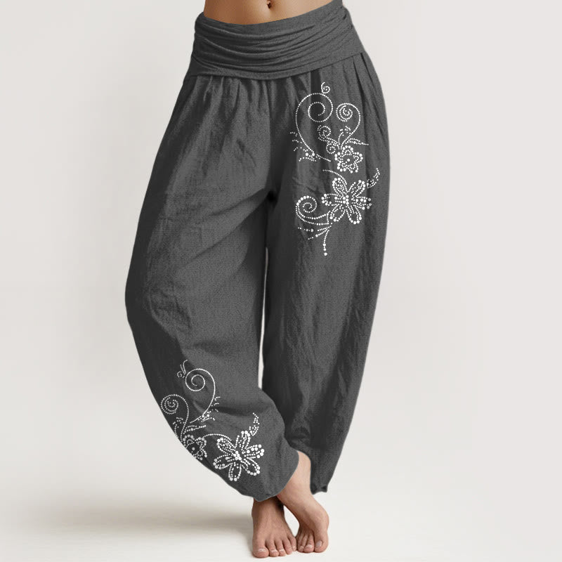 Buddha Stones Pantalones harén de algodón puro con estampado de flores de vid y cintura elástica para mujer - Gris oscuro - US16，UK/AU20，EU48 (3XL) - image 8