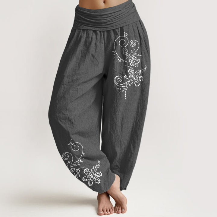 Buddha Stones Pantalones harén de algodón puro con estampado de flores de vid y cintura elástica para mujer - Gris oscuro - US16，UK/AU20，EU48 (3XL) - image 8
