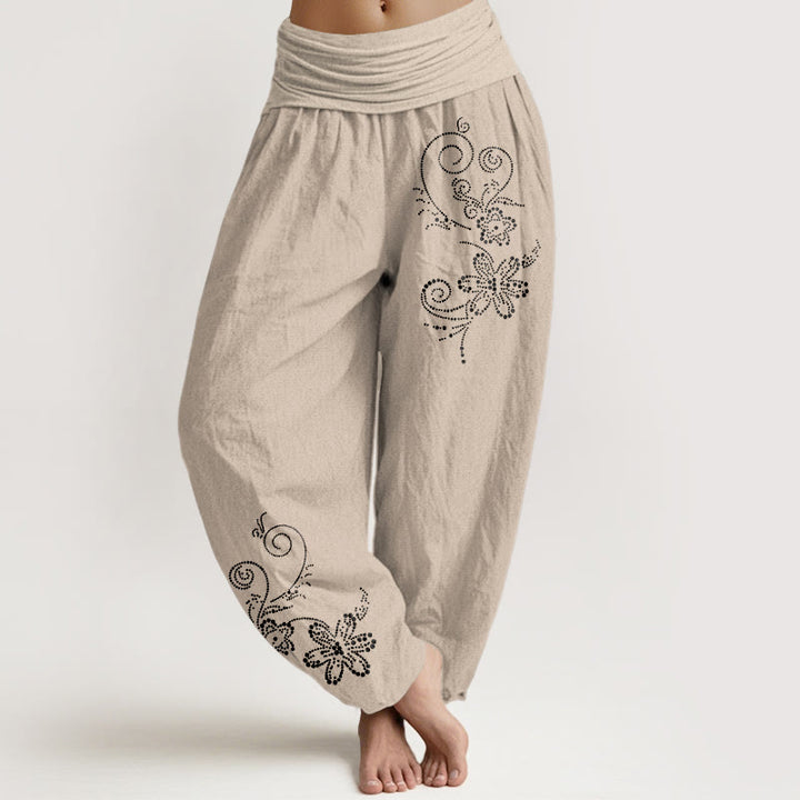 Buddha Stones Pantalones harén de algodón puro con estampado de flores de vid y cintura elástica para mujer - Broncearse - US16，UK/AU20，EU48 (3XL) - image 11