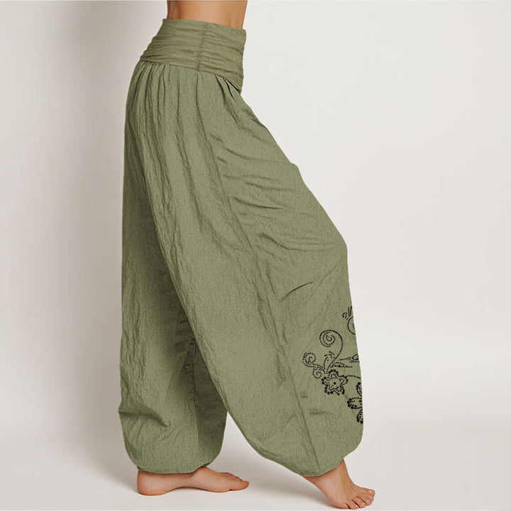 Buddha Stones Pantalones harén de algodón puro con estampado de flores de vid y cintura elástica para mujer - image 16