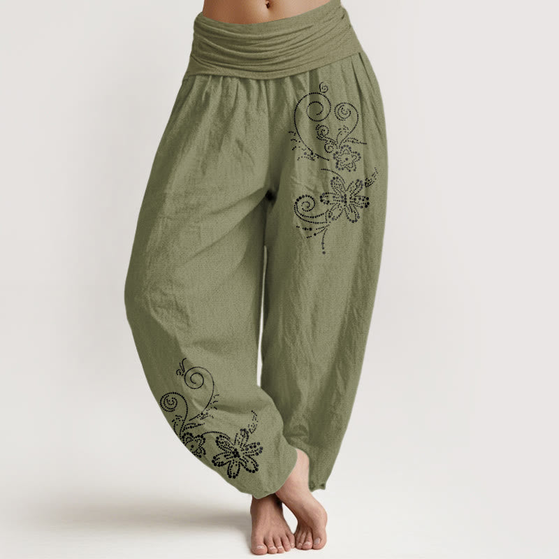 Buddha Stones Pantalones harén de algodón puro con estampado de flores de vid y cintura elástica para mujer - Verde oliva - US16，UK/AU20，EU48 (3XL) - image 14