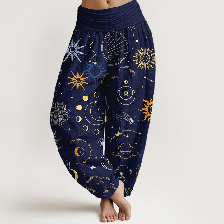 Buddha Stones Pantalones harén de algodón con estampado de constelación de luna, sol, nubes y estrellas para mujer, con cintura elástica - Azul medianoche - US16，UK/AU20，EU48 (3XL) - image 0
