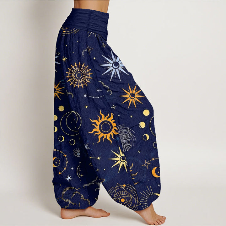 Buddha Stones Pantalones harén de algodón con estampado de constelación de luna, sol, nubes y estrellas para mujer, con cintura elástica - image 2