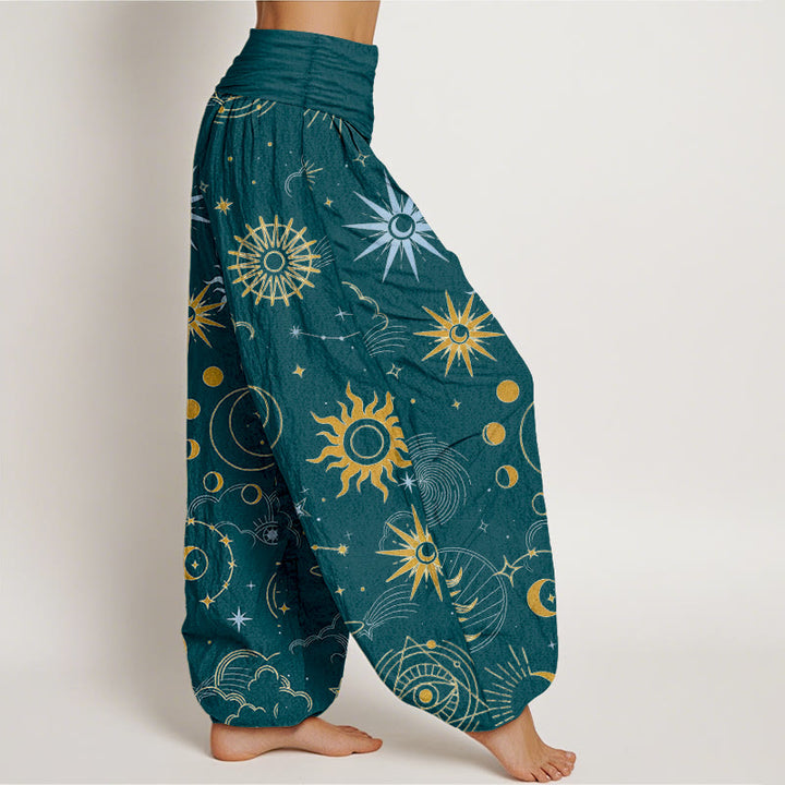 Buddha Stones Pantalones harén de algodón con estampado de constelación de luna, sol, nubes y estrellas para mujer, con cintura elástica - image 7