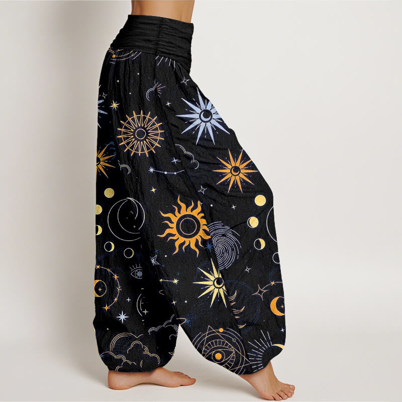 Buddha Stones Pantalones harén de algodón con estampado de constelación de luna, sol, nubes y estrellas para mujer, con cintura elástica - image 10