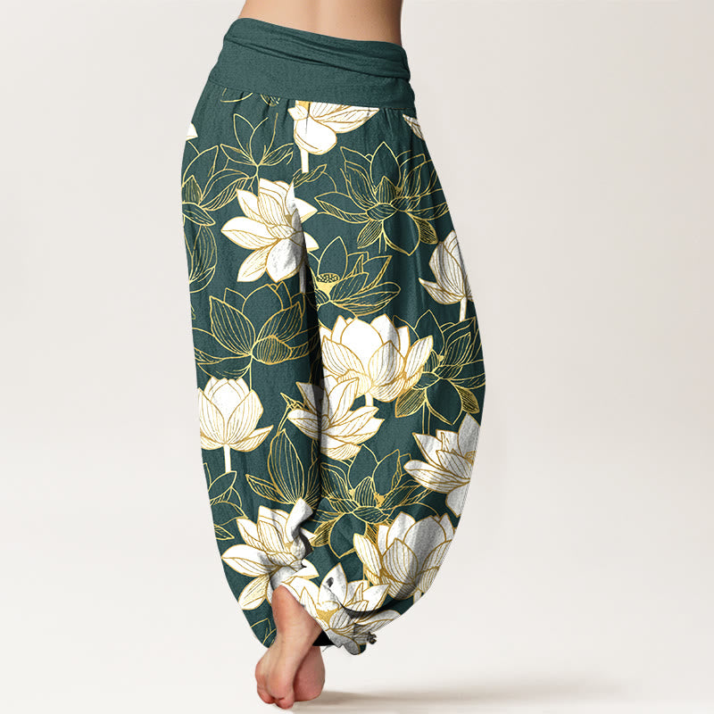 Buddha Stones Pantalones harén de algodón con cintura elástica y estampado de flor de loto para mujer - image 1