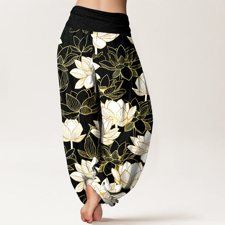 Buddha Stones Pantalones harén de algodón con cintura elástica y estampado de flor de loto para mujer - image 6