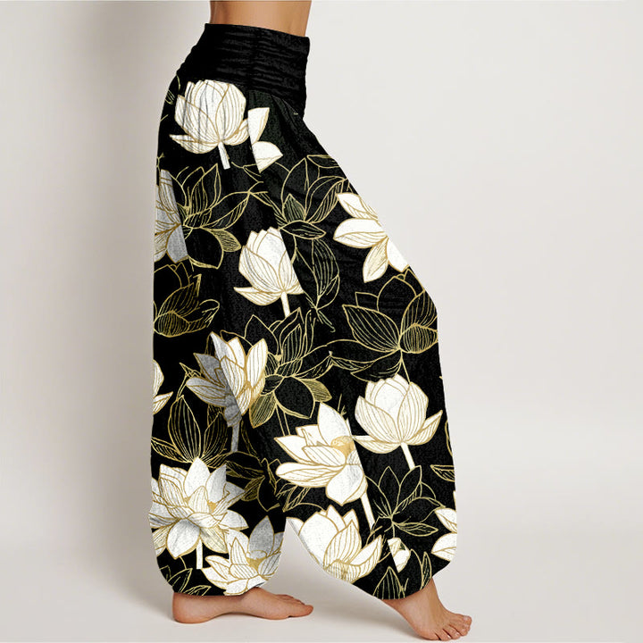 Buddha Stones Pantalones harén de algodón con cintura elástica y estampado de flor de loto para mujer - image 7