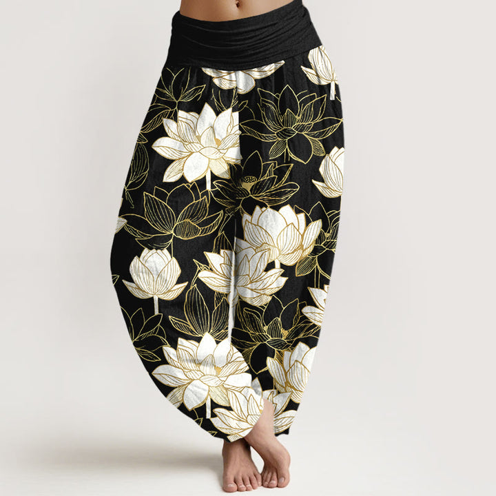 Buddha Stones Pantalones harén de algodón con cintura elástica y estampado de flor de loto para mujer - Negro - US16，UK/AU20，EU48 (3XL) - image 5
