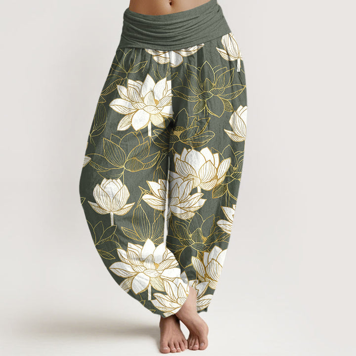Buddha Stones Pantalones harén de algodón con cintura elástica y estampado de flor de loto para mujer - Verde oliva - US16，UK/AU20，EU48 (3XL) - image 8
