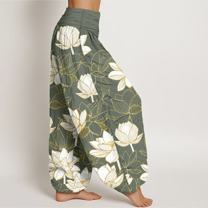 Buddha Stones Pantalones harén de algodón con cintura elástica y estampado de flor de loto para mujer - image 10