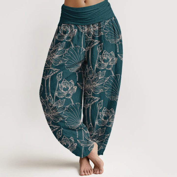 Buddha Stones Pantalones harén de algodón elegantes y refinados con estampado de hojas de loto para mujer, cintura elástica - Verde azulado - US16，UK/AU20，EU48 (3XL) - image 0
