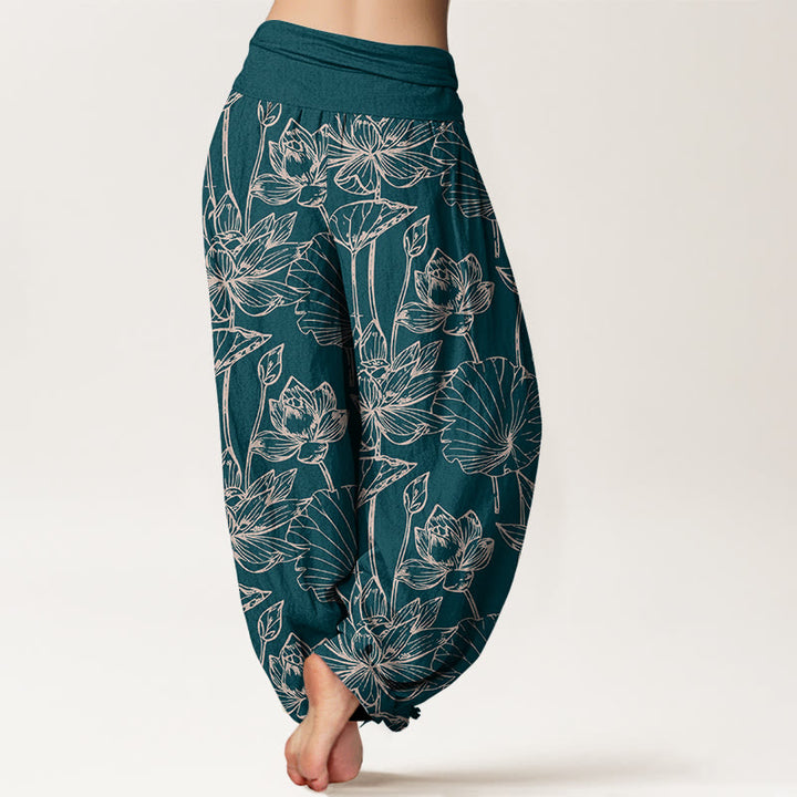 Buddha Stones Pantalones harén de algodón elegantes y refinados con estampado de hojas de loto para mujer, cintura elástica - image 1