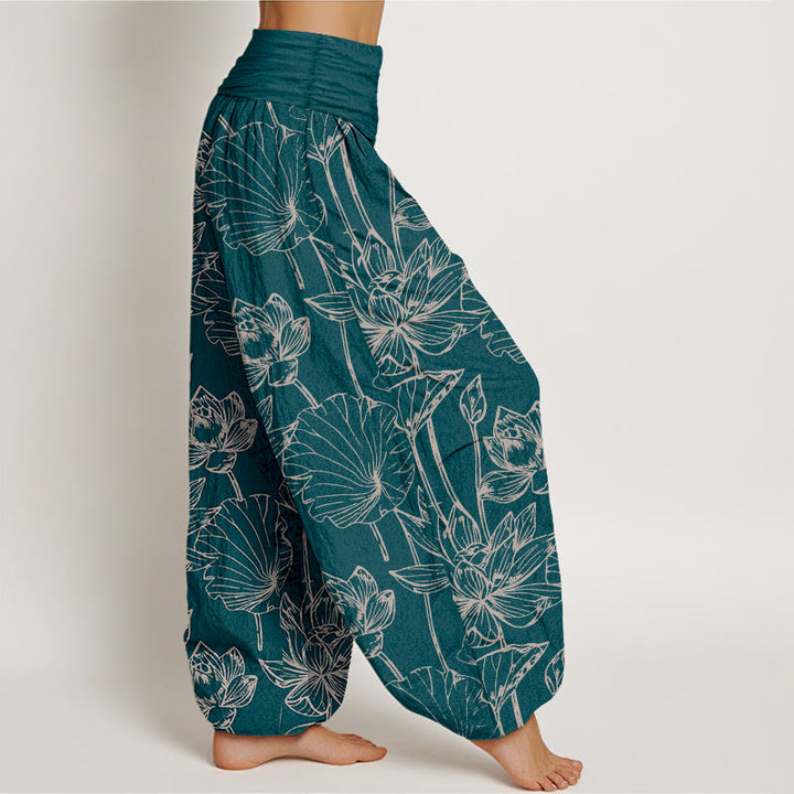 Buddha Stones Pantalones harén de algodón elegantes y refinados con estampado de hojas de loto para mujer, cintura elástica - image 2