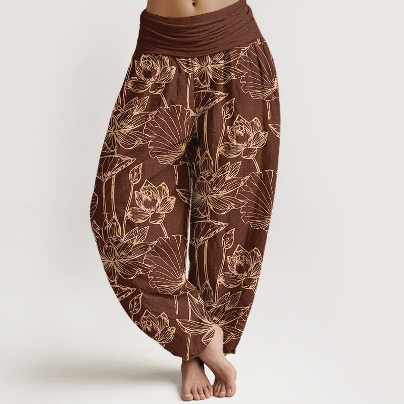 Buddha Stones Pantalones harén de algodón elegantes y refinados con estampado de hojas de loto para mujer, cintura elástica - Marrón - US16，UK/AU20，EU48 (3XL) - image 5
