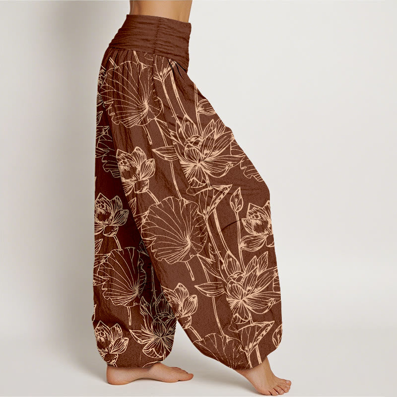 Buddha Stones Pantalones harén de algodón elegantes y refinados con estampado de hojas de loto para mujer, cintura elástica - image 6