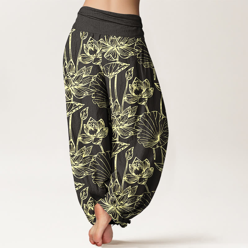 Buddha Stones Pantalones harén de algodón elegantes y refinados con estampado de hojas de loto para mujer, cintura elástica - image 9
