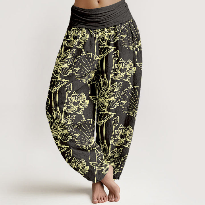Buddha Stones Pantalones harén de algodón elegantes y refinados con estampado de hojas de loto para mujer, cintura elástica - Negro - US16，UK/AU20，EU48 (3XL) - image 8