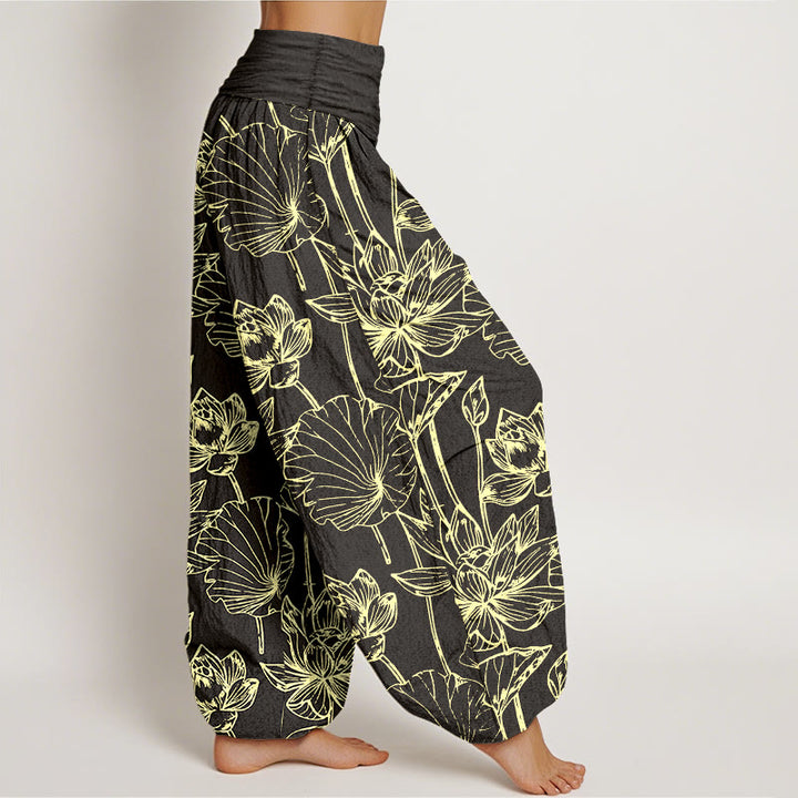 Buddha Stones Pantalones harén de algodón elegantes y refinados con estampado de hojas de loto para mujer, cintura elástica - image 10